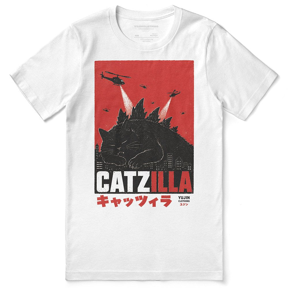 Catzilla Air Raid Cat T-Shirt — White Flat Lay