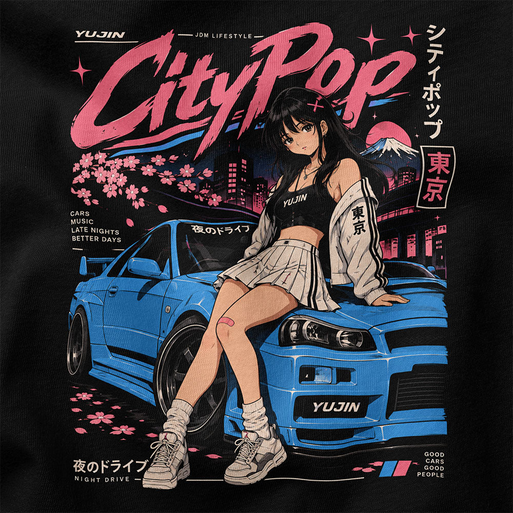 Close-up of City Pop Car T-Shirt artwork on Black