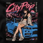 Close-up of City Pop Car T-Shirt artwork on Black