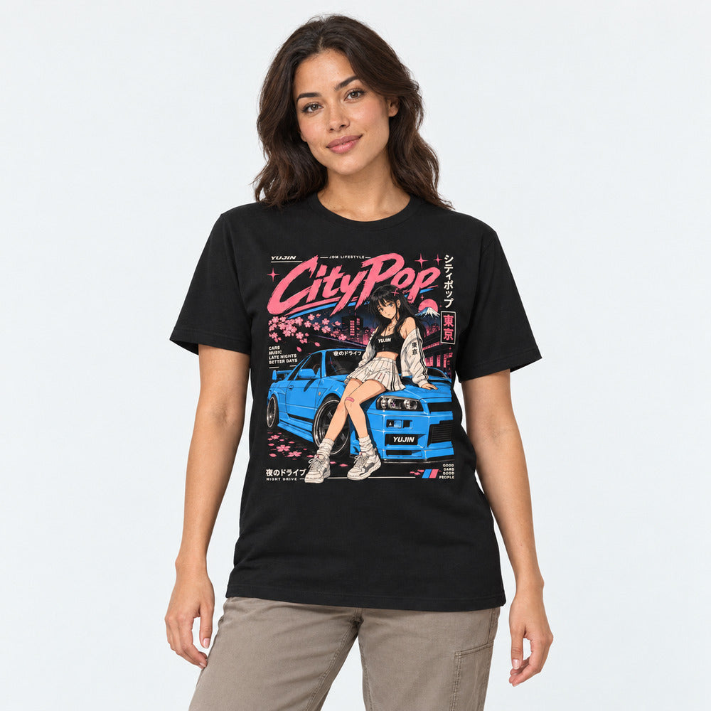 Female model wearing City Pop Car T-Shirt in Black