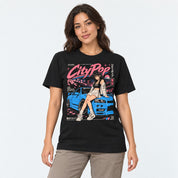 Female model wearing City Pop Car T-Shirt in Black