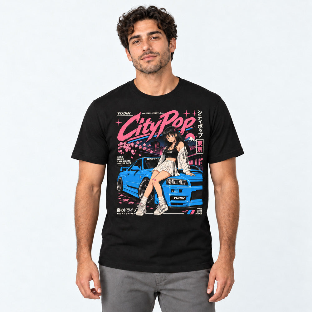 Male model wearing City Pop Car T-Shirt in Black