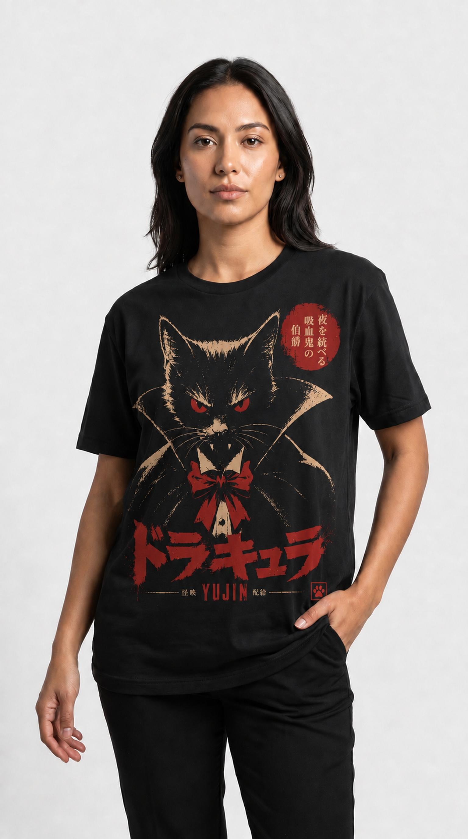 Female model wearing the Count Catcula Vampire Cat T-Shirt in Black