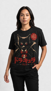 Female model wearing the Count Catcula Vampire Cat T-Shirt in Black
