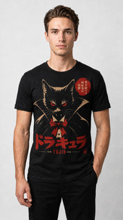 Male model wearing the Count Catcula Vampire Cat T-Shirt in Black