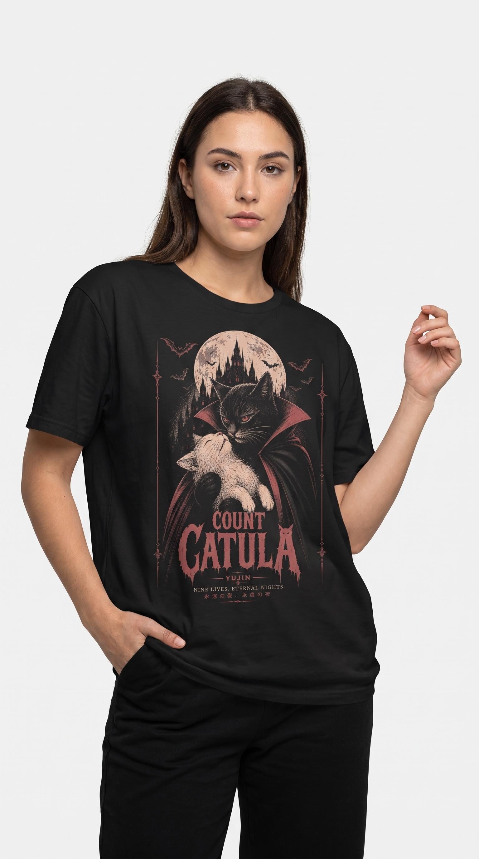 Female model wearing the Count Catula Cat T-Shirt in Black