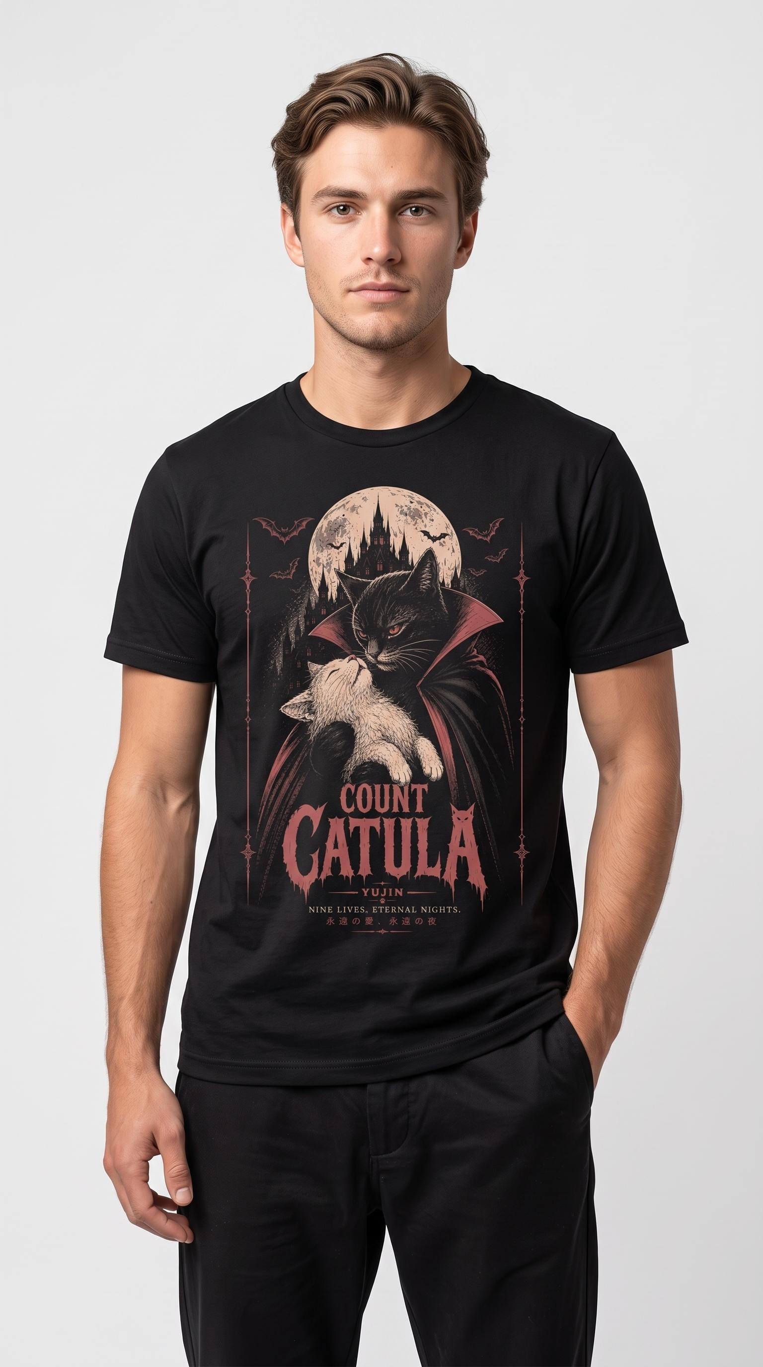 Male model wearing the Count Catula Cat T-Shirt in Black