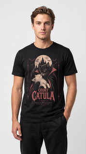 Male model wearing the Count Catula Cat T-Shirt in Black