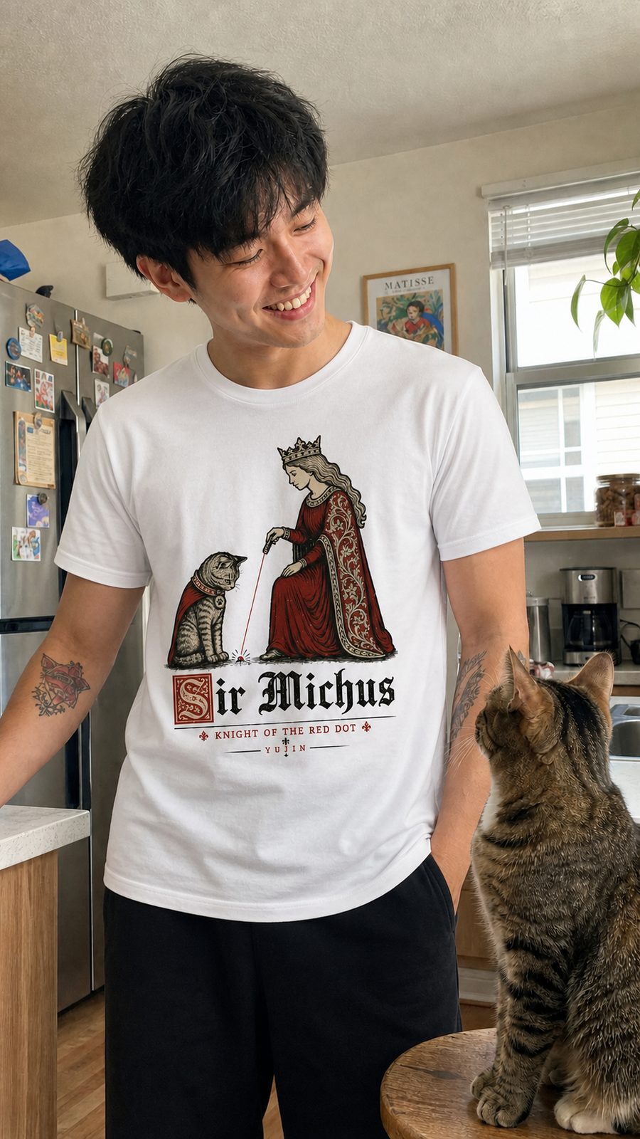 Sir Michus Cat T-Shirt male customer with his cat
