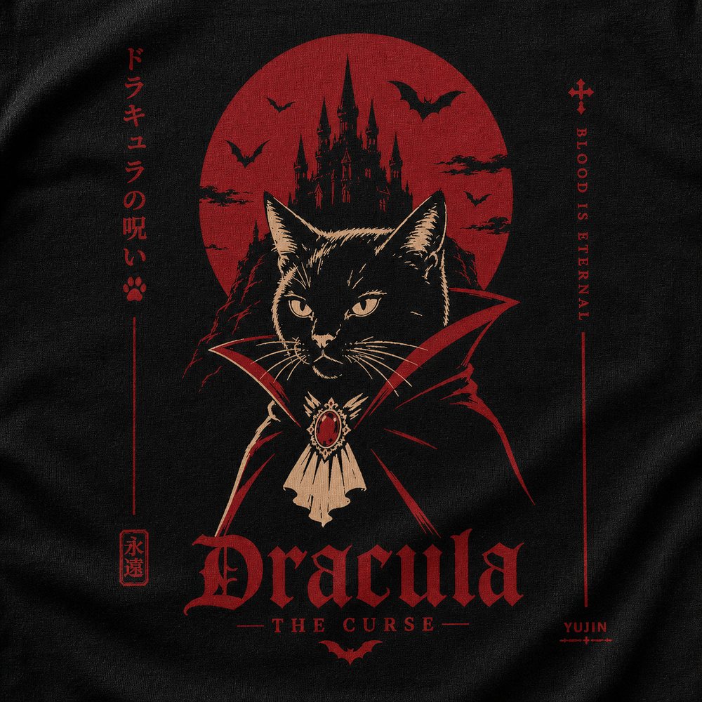 Close-up of the Dracula The Curse Cat T-Shirt artwork on black fabric