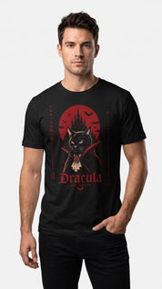 Male model wearing the Dracula The Curse Cat T-Shirt in Black