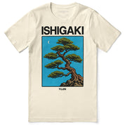 Ishigaki Bonsai T-Shirt in Natural, front flat lay with bonsai graphic