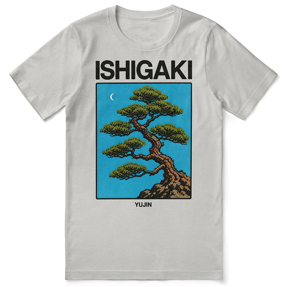 Ishigaki Bonsai T-Shirt in Silver, front flat lay with bonsai graphic