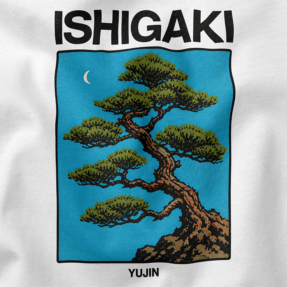Closeup of Ishigaki Bonsai artwork on the White T-Shirt
