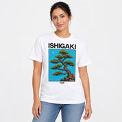 Female model wearing the White Ishigaki Bonsai T-Shirt, front view