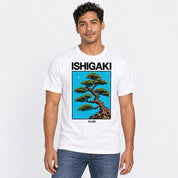 Male model wearing the White Ishigaki Bonsai T-Shirt, front view