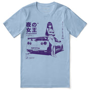 Midnight Queen Runners Car T-Shirt — Baby Blue flat lay, approved placement