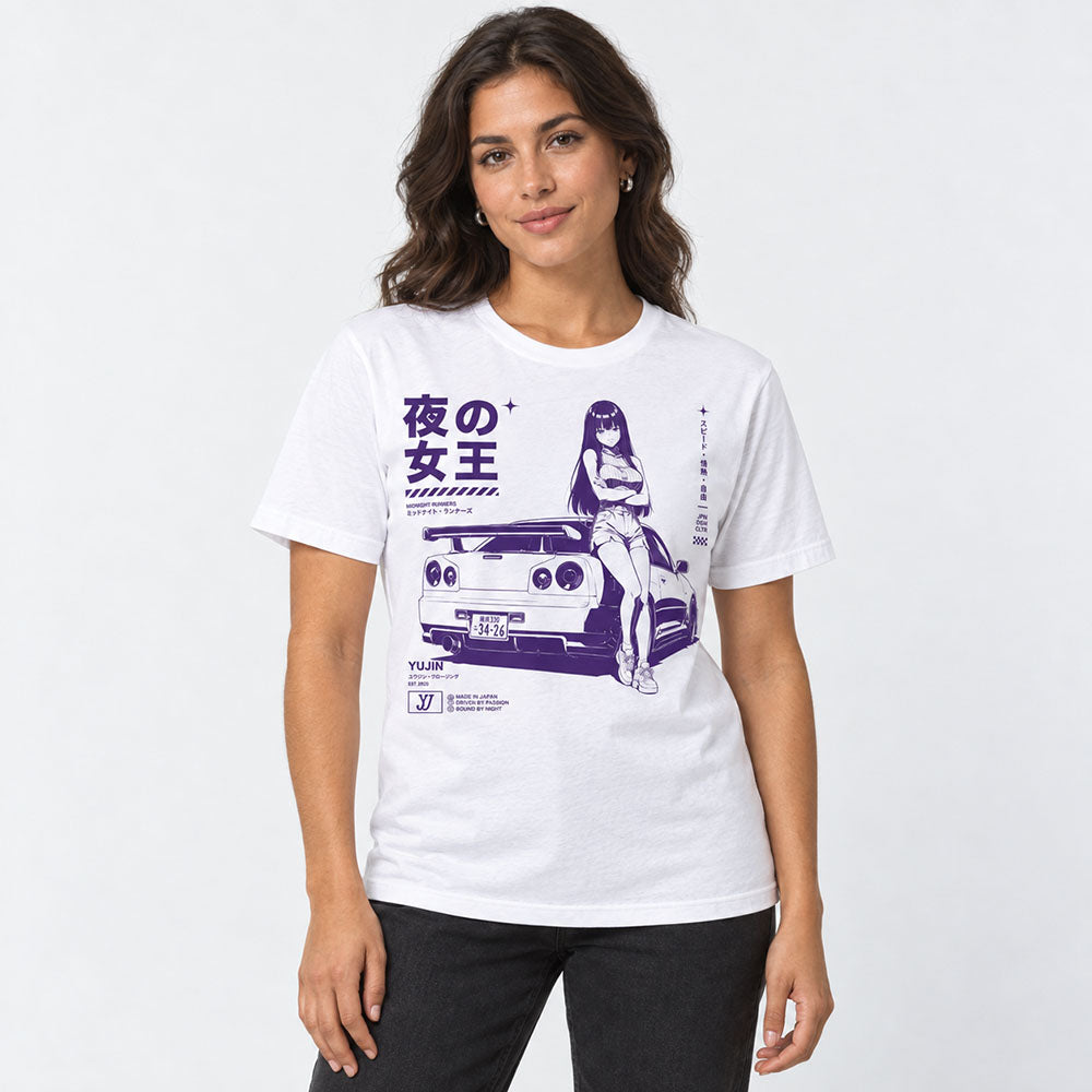 Midnight Queen Runners Car T-Shirt — female model wearing white graphic T-shirt