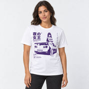 Midnight Queen Runners Car T-Shirt — female model wearing white graphic T-shirt