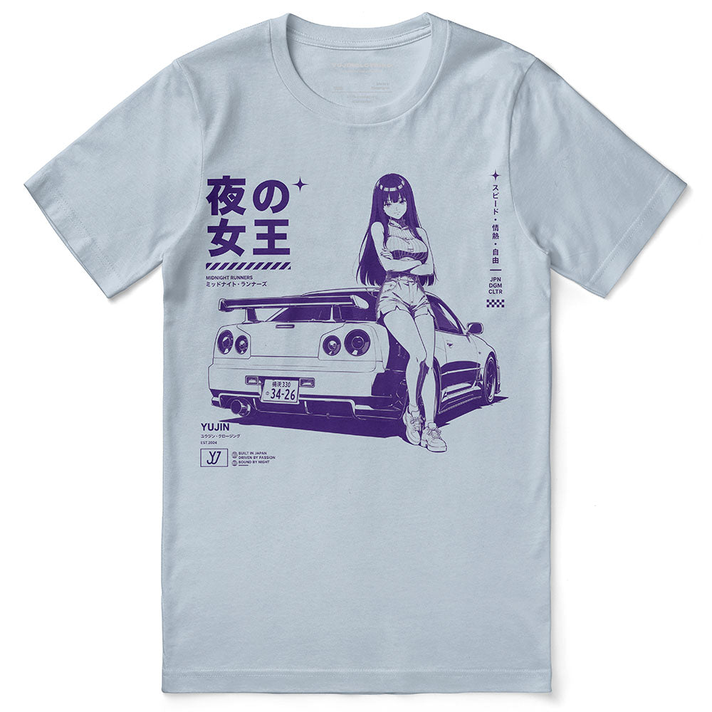 Midnight Queen Runners Car T-Shirt — Light Blue flat lay, approved placement