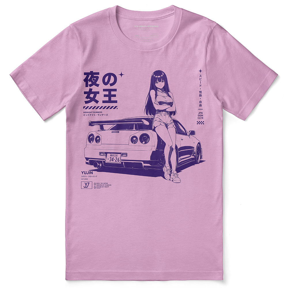 Midnight Queen Runners Car T-Shirt — Lilac flat lay, approved placement