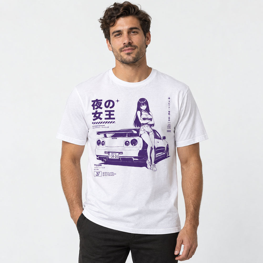 Midnight Queen Runners Car T-Shirt — male model wearing white graphic T-shirt