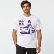 Midnight Queen Runners Car T-Shirt — male model wearing white graphic T-shirt