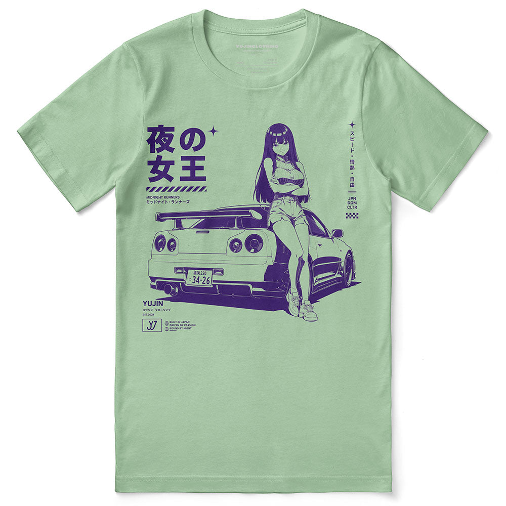 Midnight Queen Runners Car T-Shirt — Mint flat lay, approved placement