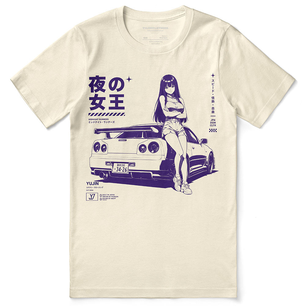 Midnight Queen Runners Car T-Shirt — Natural flat lay, approved placement