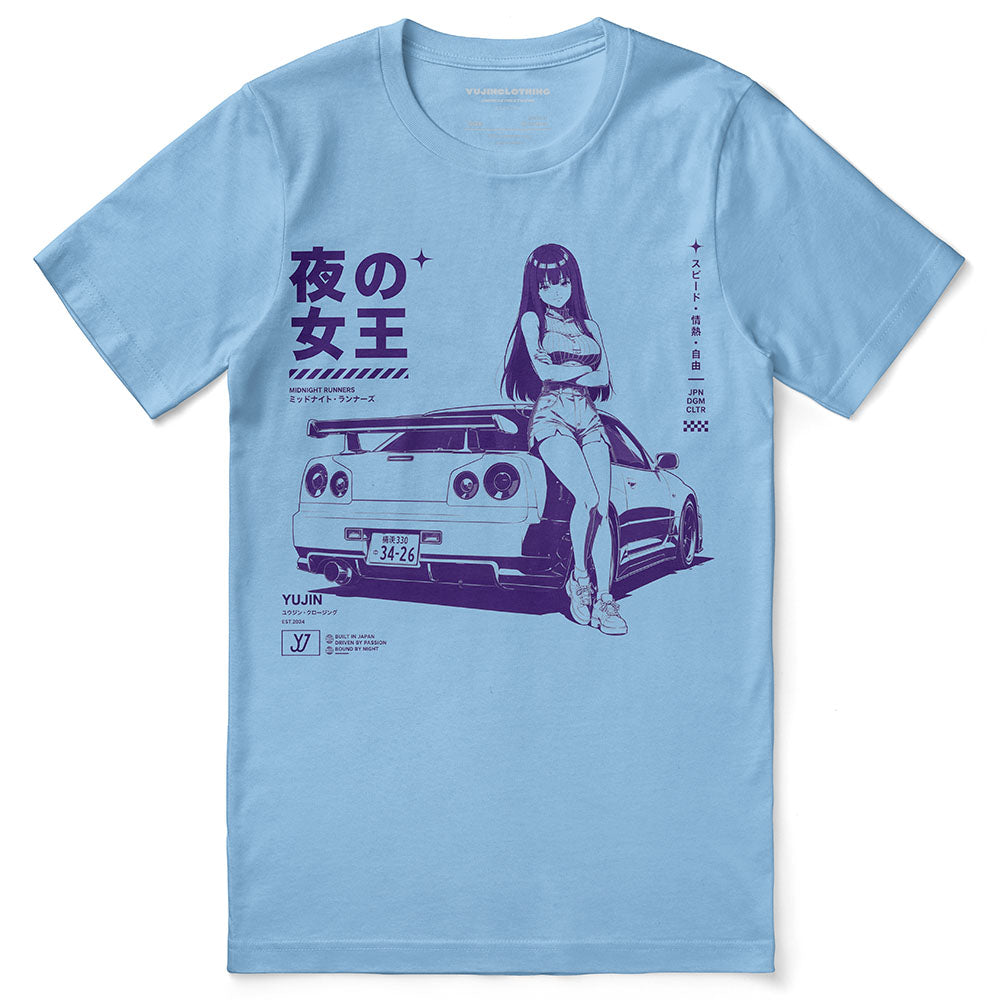 Midnight Queen Runners Car T-Shirt — Ocean Blue flat lay, approved placement