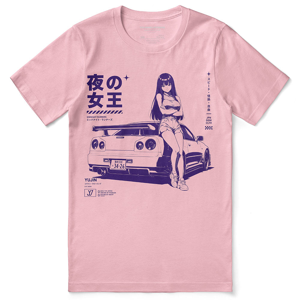 Midnight Queen Runners Car T-Shirt — Pink flat lay, approved placement