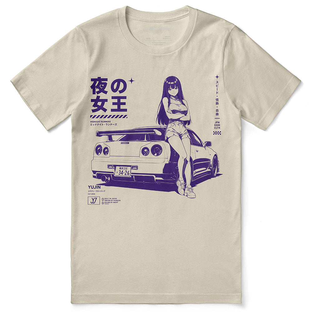 Midnight Queen Runners Car T-Shirt — Soft Cream flat lay, approved placement