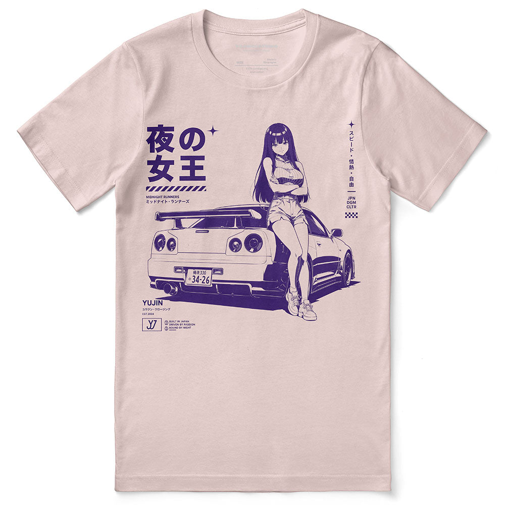 Midnight Queen Runners Car T-Shirt — Soft Pink flat lay, approved placement