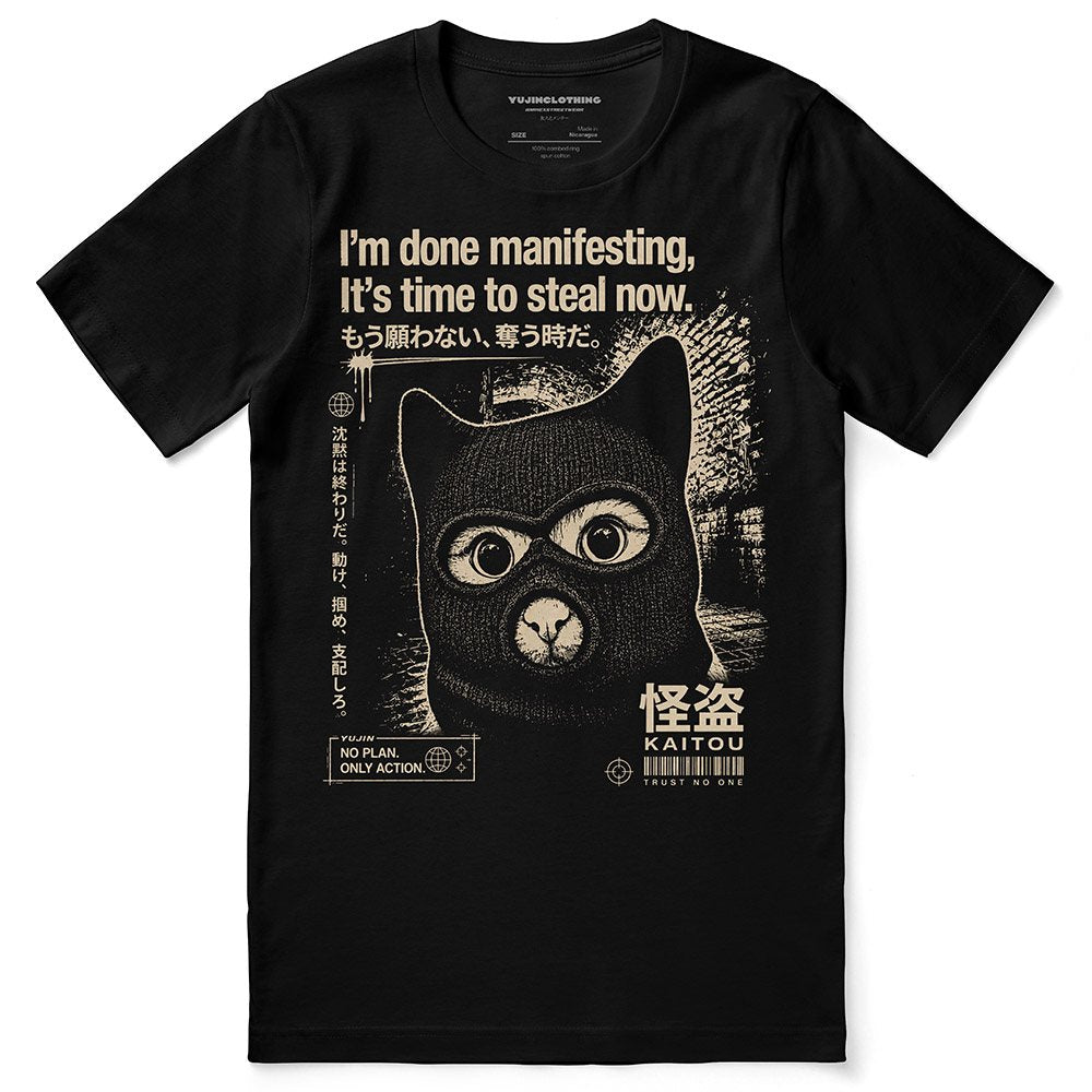 Midnight Thief Cat T-Shirt — Black Flat Lay