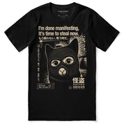 Midnight Thief Cat T-Shirt — Black Flat Lay