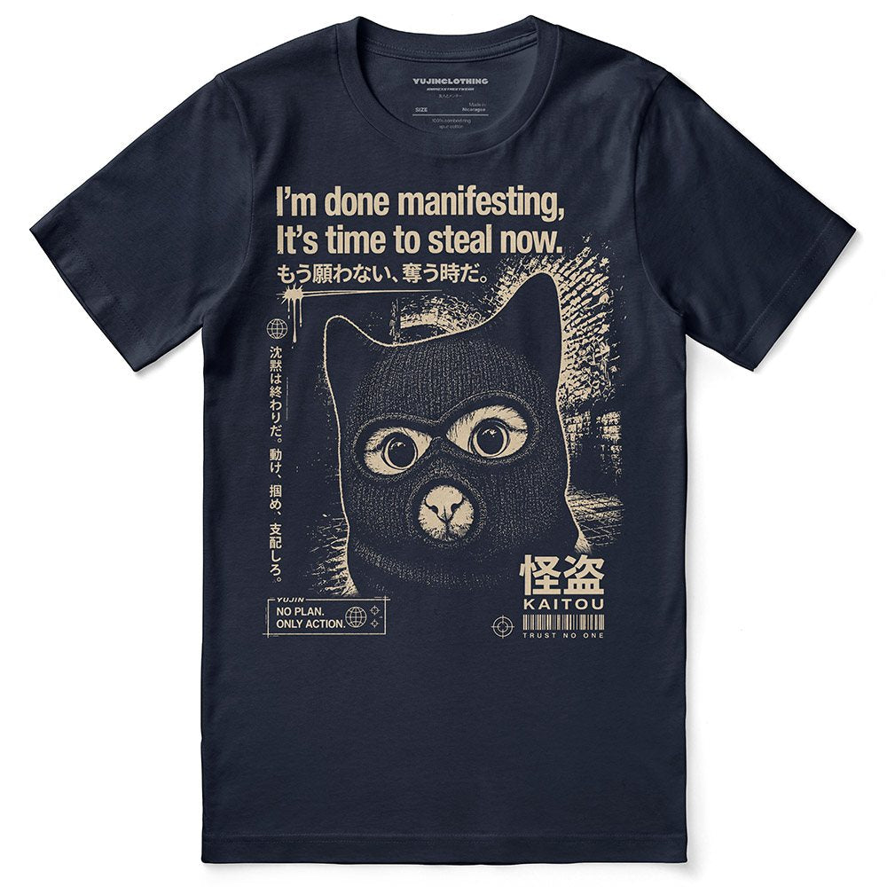 Midnight Thief Cat T-Shirt — Navy Flat Lay