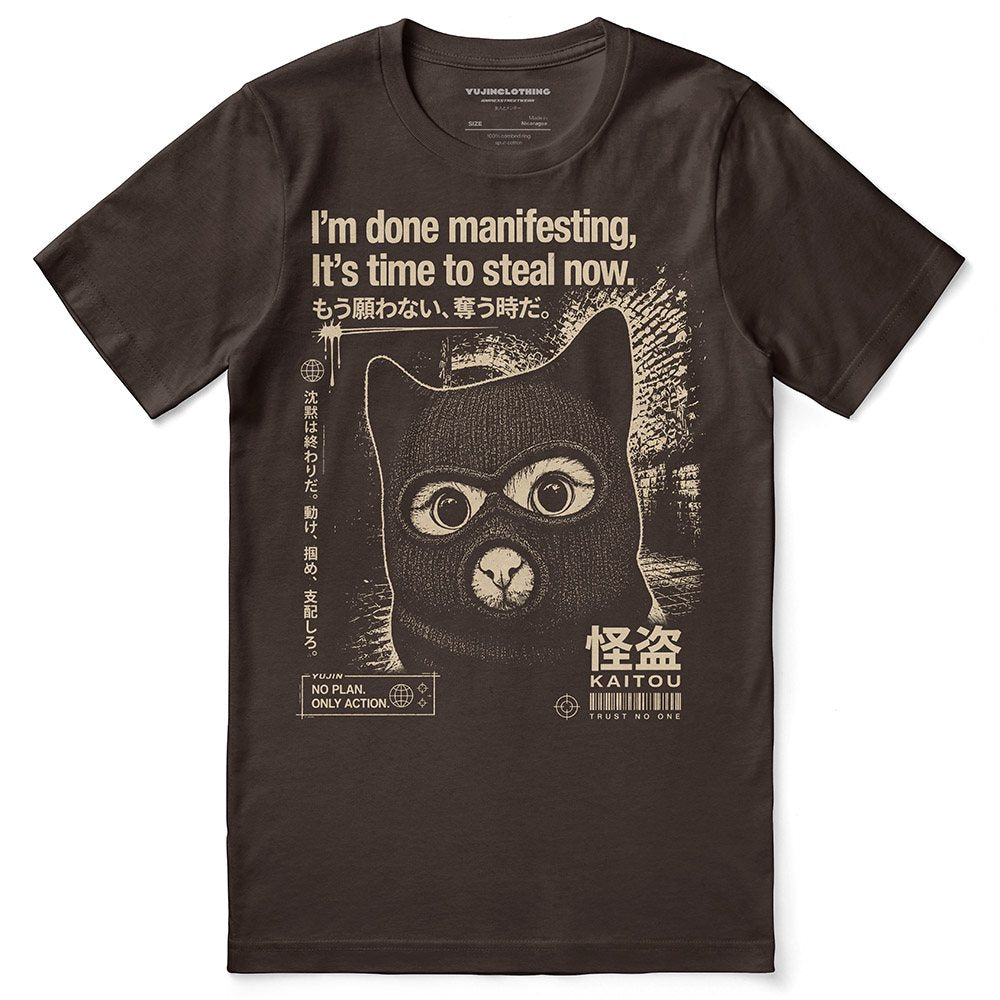 Midnight Thief Cat T-Shirt — Brown Flat Lay