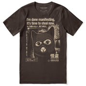 Midnight Thief Cat T-Shirt — Brown Flat Lay