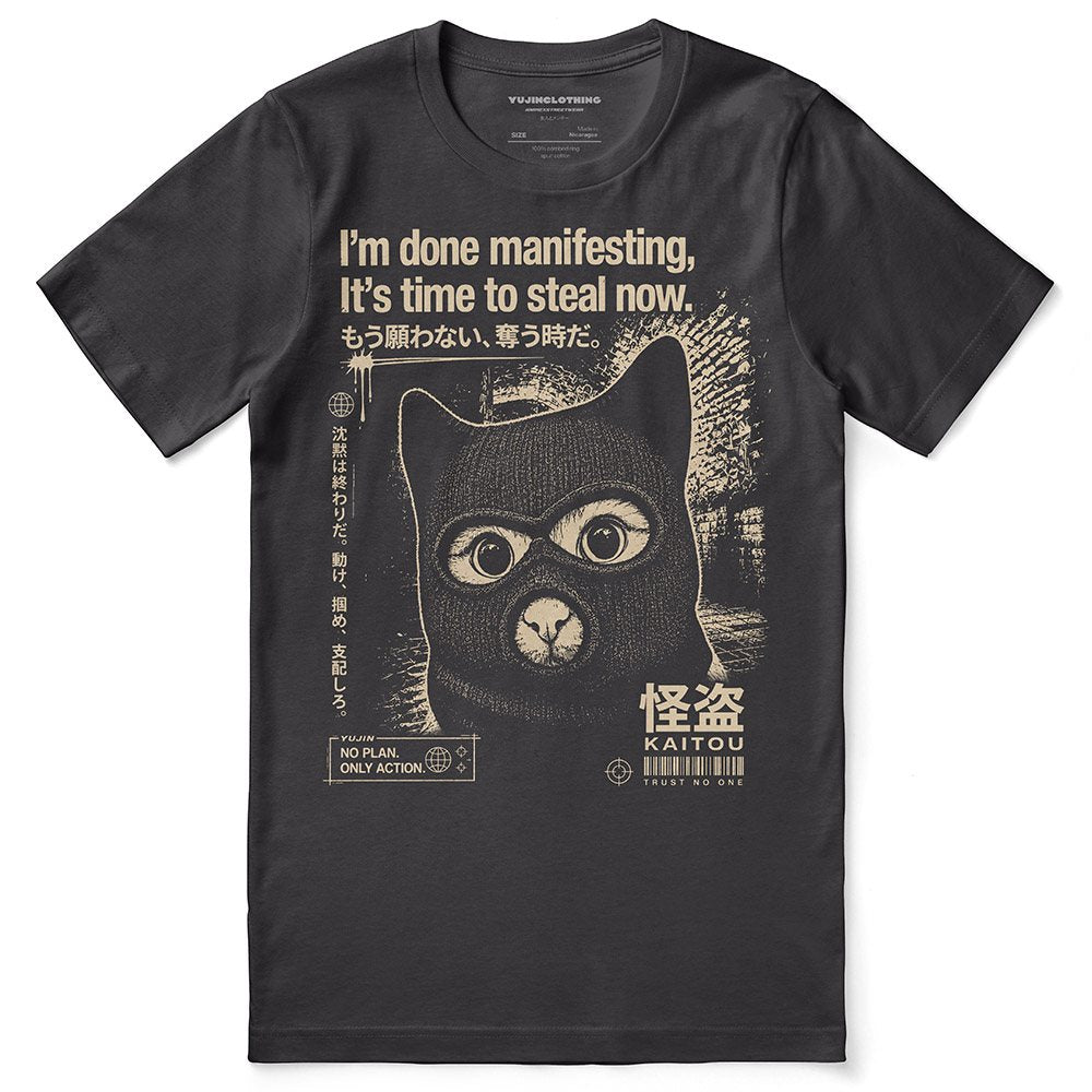 Midnight Thief Cat T-Shirt — Dark Grey Flat Lay