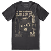 Midnight Thief Cat T-Shirt — Dark Grey Flat Lay