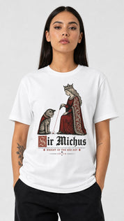 Sir Michus Cat T-Shirt female studio model in White