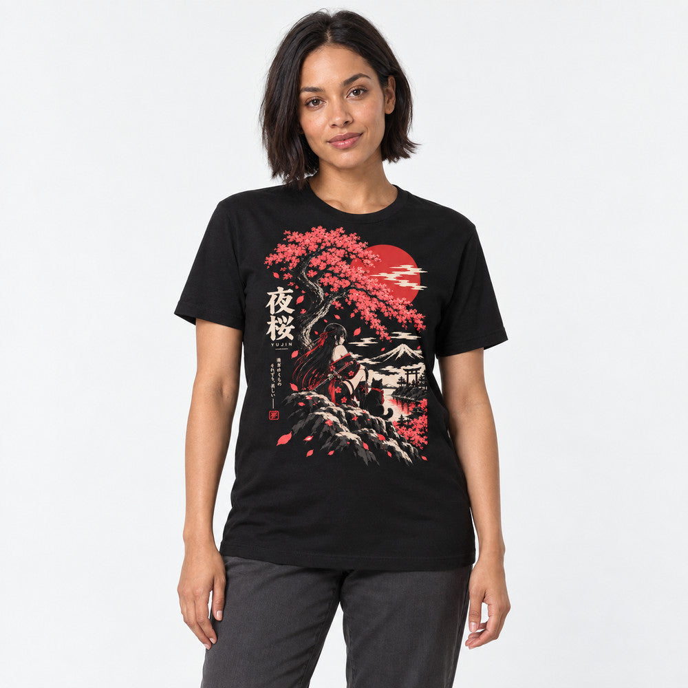 Female model wearing Night Blossom Cat T-Shirt in Black