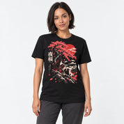 Female model wearing Night Blossom Cat T-Shirt in Black