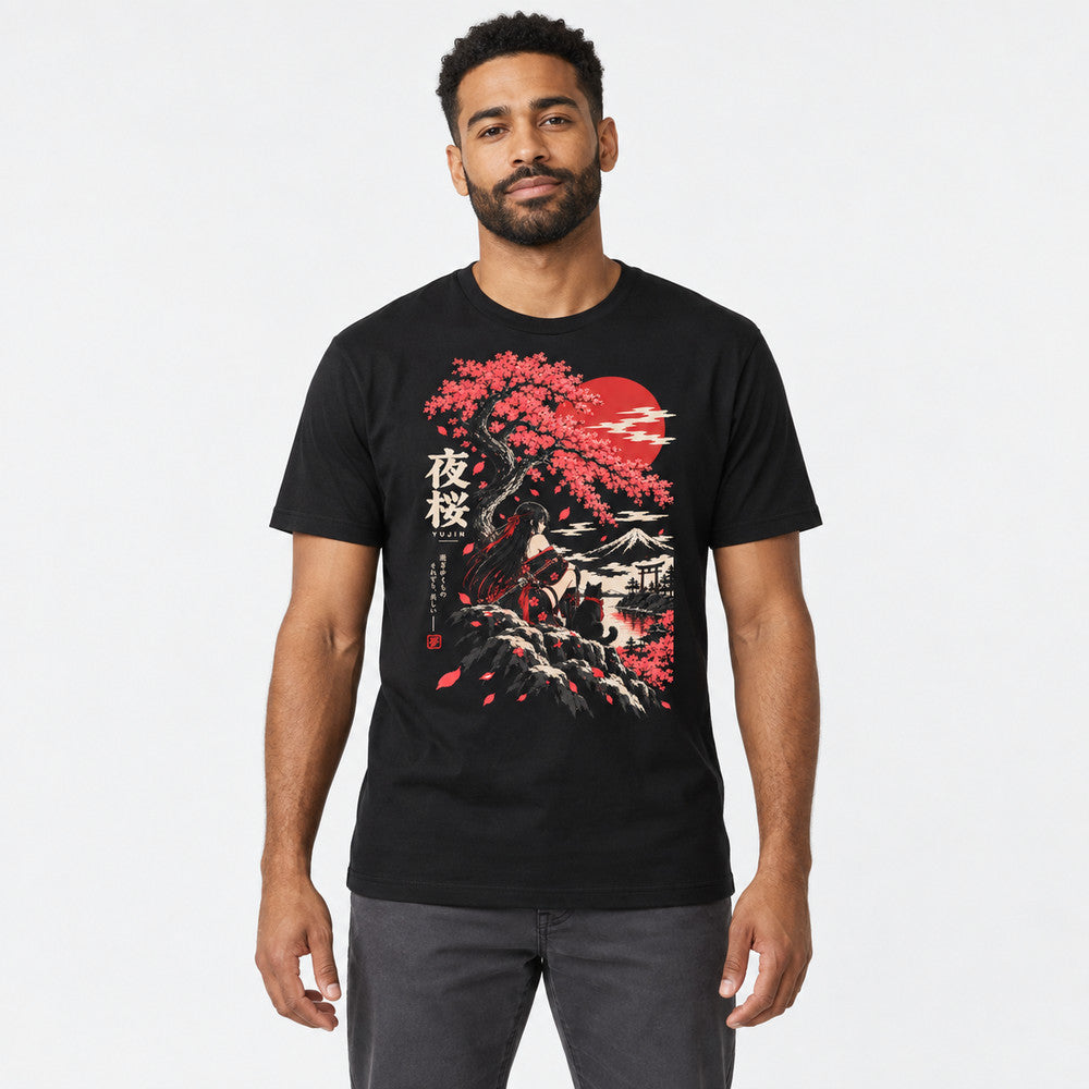 Male model wearing Night Blossom Cat T-Shirt in Black