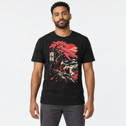 Male model wearing Night Blossom Cat T-Shirt in Black