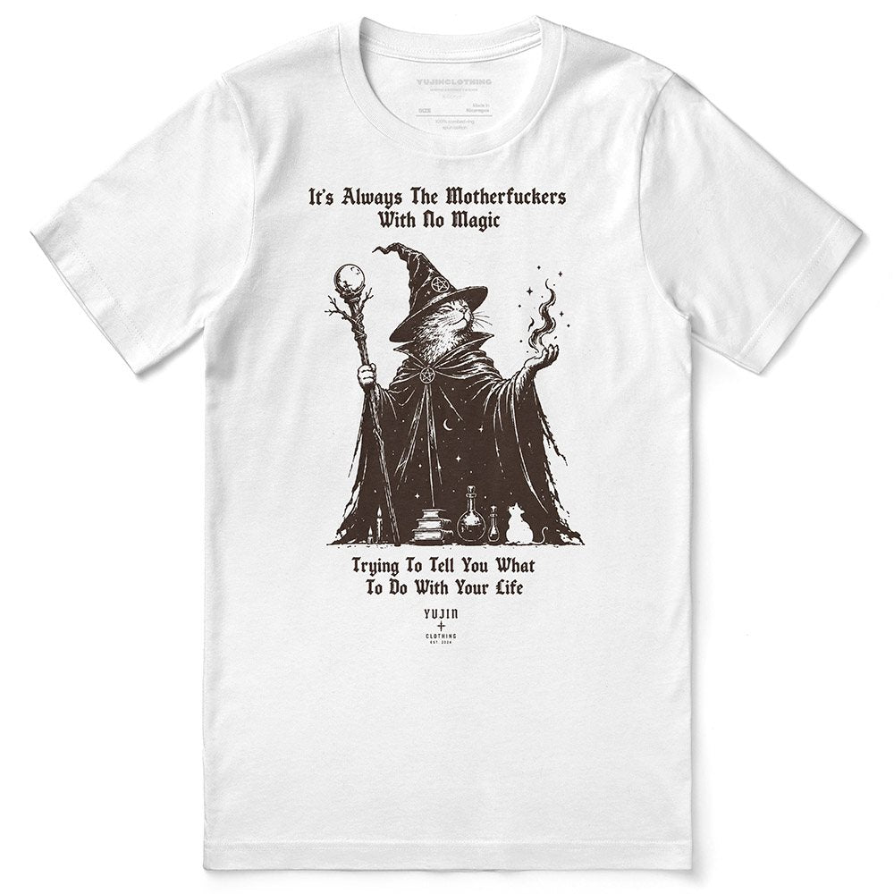 No Magic Cat T-Shirt — No Magic White Flat Lay