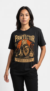 Female model wearing The Pawtector Cat T-Shirt in black