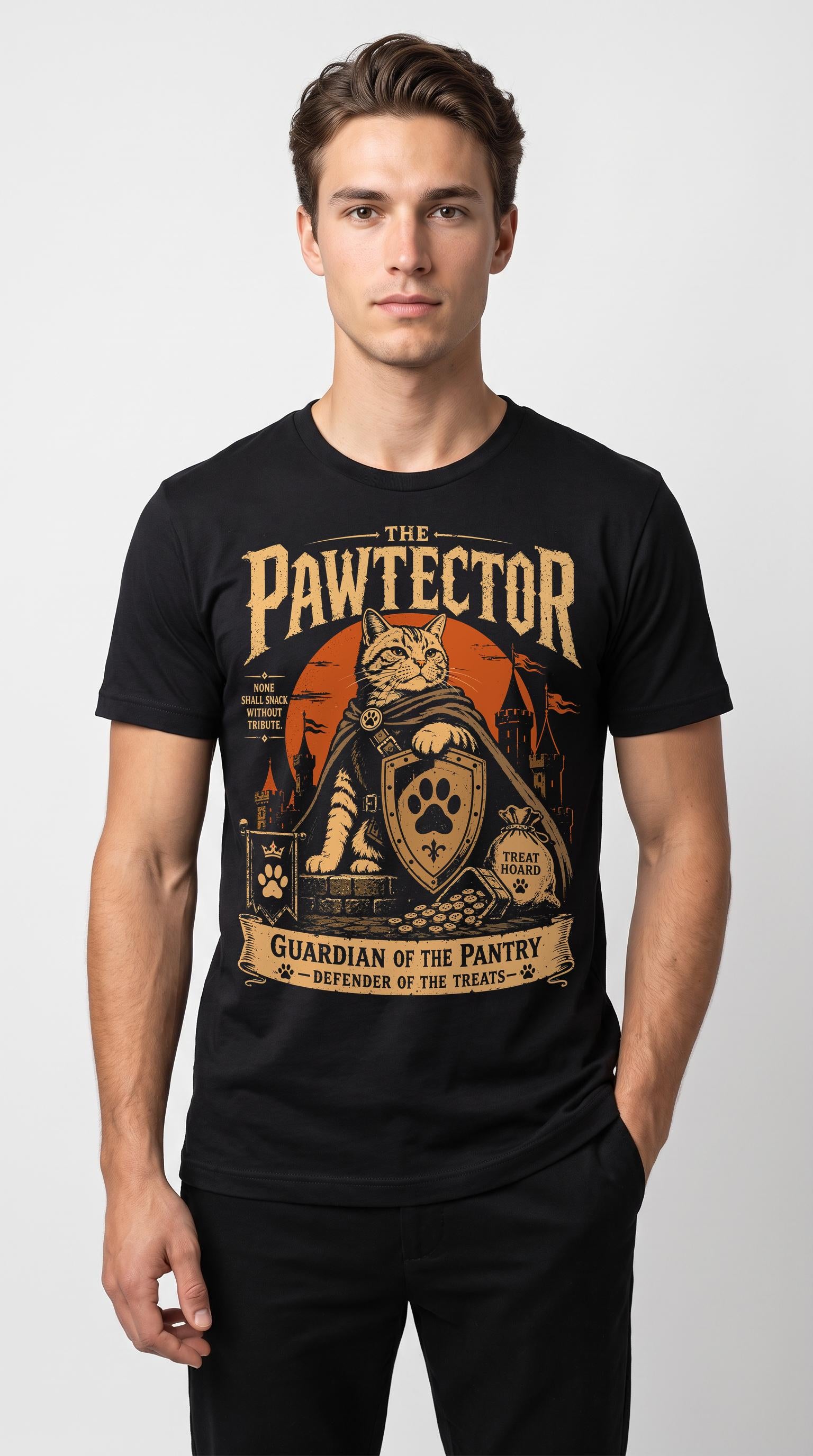Male model wearing The Pawtector Cat T-Shirt in black