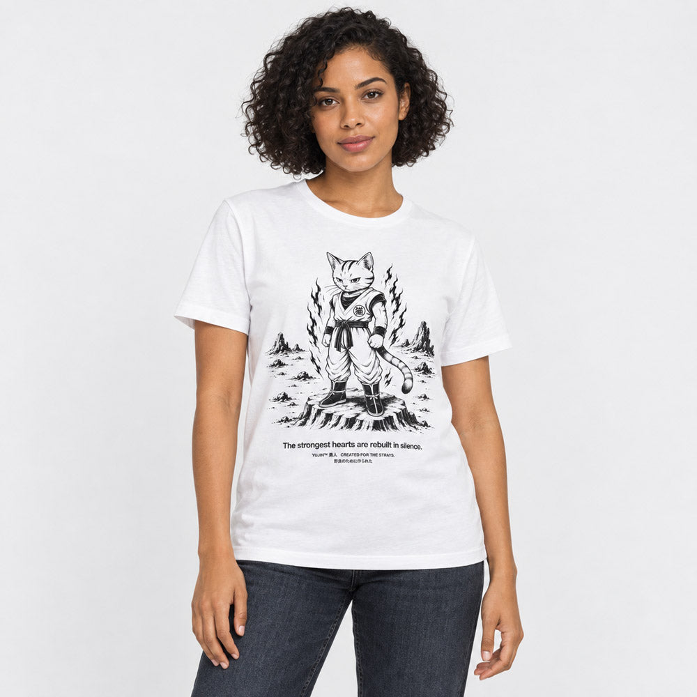 Female model wearing Rebuilt in Silence Cat T-Shirt in White