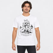 Male model wearing Rebuilt in Silence Cat T-Shirt in White